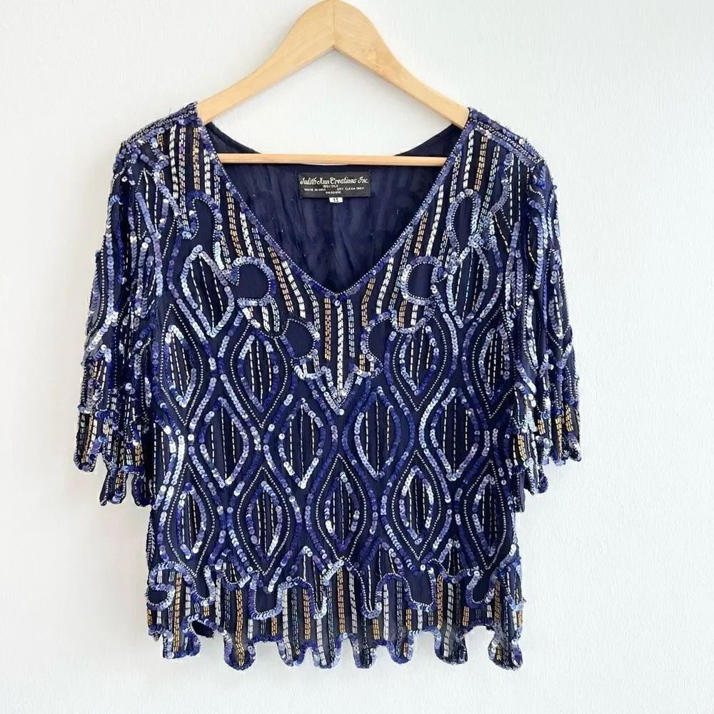 Judith Ann Creations 100% Silk Women’s Medium Embellished Sequin Blouse Top